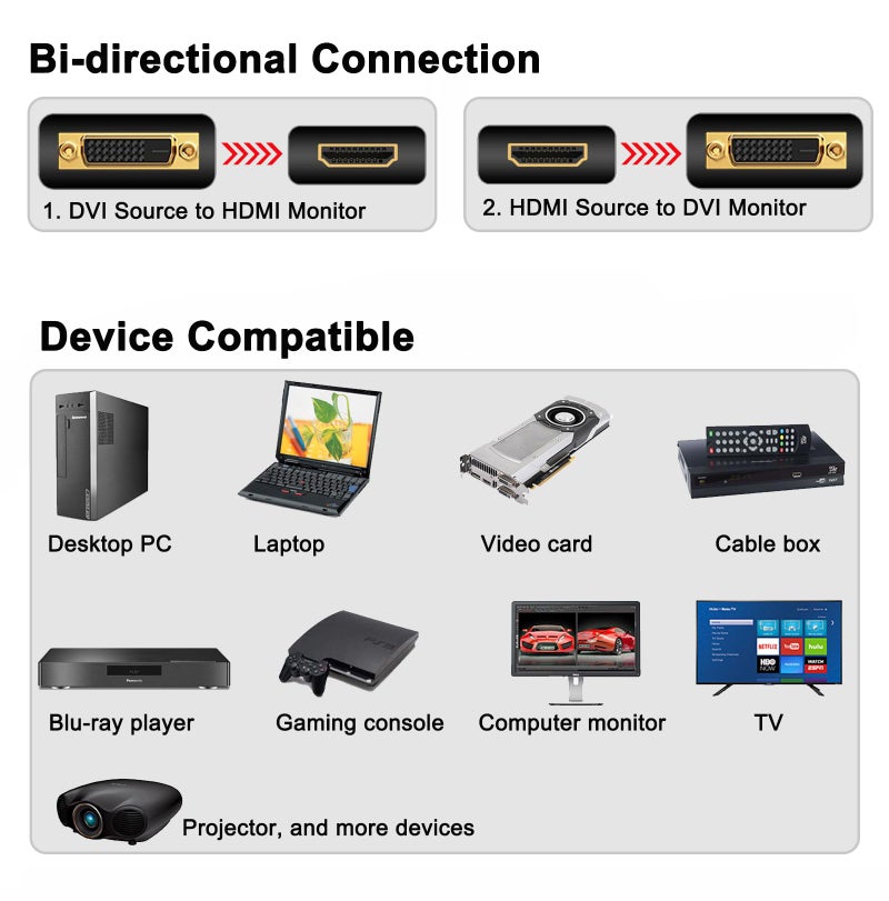 DTECH DVI to HDMI Adapter DVI Male to HDMI Female Bi-Directional DVI-D Port Converter 4K 1080P Gold Plated Connector - Image 3